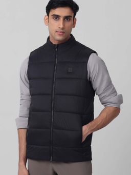 Mufti - Black Solid Plain Sleeveless Casual Jacket