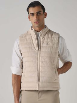 Mufti - Beige Solid Plain Sleeveless Casual Jacket
