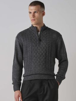 Mufti - Charcoal Textured Full Sleeves Casual Sweater