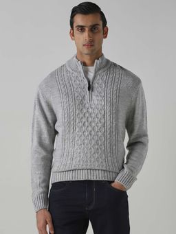 Mufti - Grey Textured Full Sleeves Casual Sweater