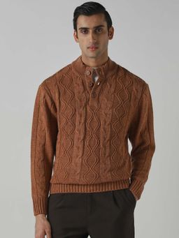 Mufti - Brown Textured Full Sleeves Casual Sweater