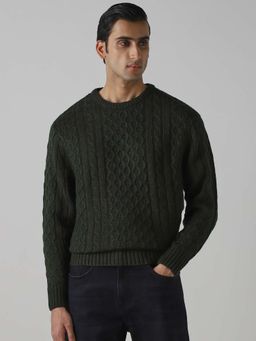 Mufti - Olive Textured Full Sleeves Casual Sweater