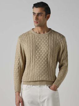 Mufti - Beige Textured Full Sleeves Casual Sweater