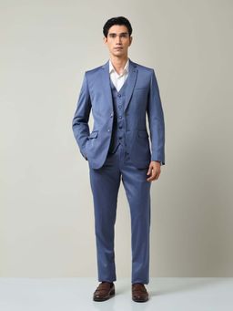 AD By Arvind - Blue Solid Plain Full Sleeves Formal Three Piece Suit