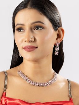 Niscka - Designer Silver Plated Pink American Diamond Necklace Set