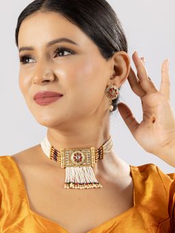 Niscka - Royal Gold Toned Pink Kundan Jadau Choker Necklace Set