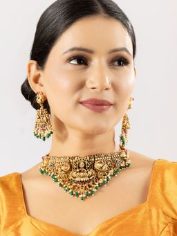 Niscka - Green Antique Gold Plated Temple Choker Necklace Set