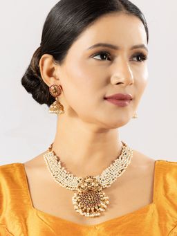 Niscka - Traditional Gold Plated White Pearl Temple Jewellery Set