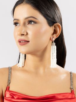 Niscka - White Luxury Pearl Zircon Rhinestone Long Layer Tassel Jhumki Earrings