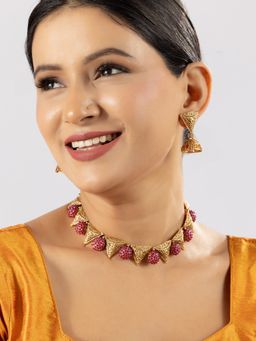 Niscka - Gold Plated Pink Stone Triangle Choker Necklace Set