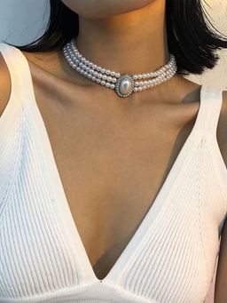 Niscka - White Party Wear Pearl Zirconia Choker Necklace