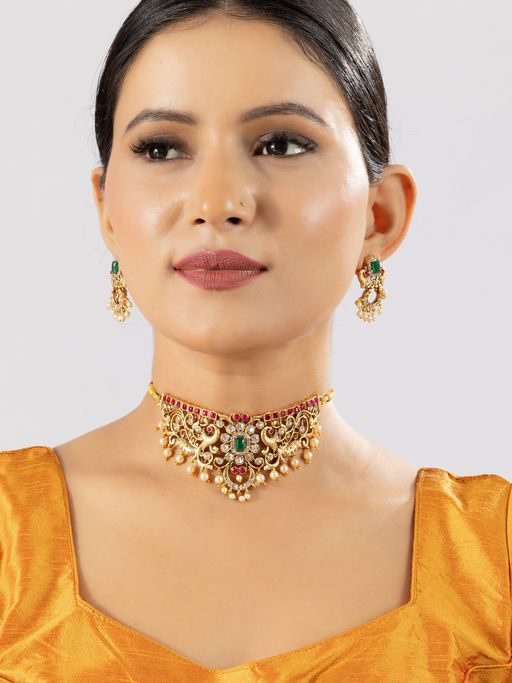 Niscka Multi-Color Classic Floral Peacock Design Gold Plated Choker Necklace Set