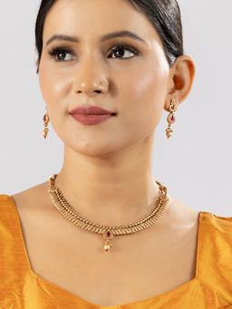 Niscka - Antique Gold Plated Pink Stone Choker Necklace Set