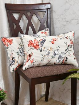 The Home Story - Cushion Covers 12 x 18 Inches Grey Flowers & Birds (Set of 2)