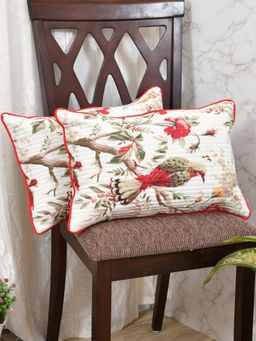 The Home Story - Cushion Covers 12 x 18 Inches Red and Grey Flowers & Birds (Set of 2)