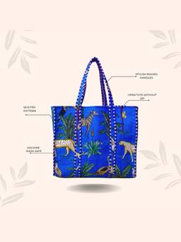 House of Gulab - Navy Blue Handblock Printed Quilted Tote Bag