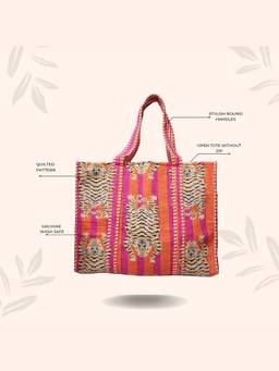 House of Gulab - Pink Handblock Printed Quilted Tote Bag