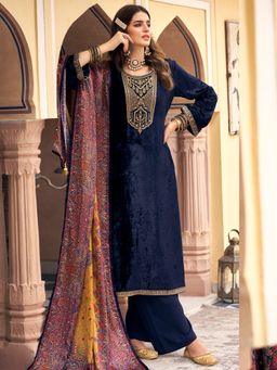 Stylee LIFESTYLE - Navy Blue Velvet Embroidered Dress Material (Set of 3)