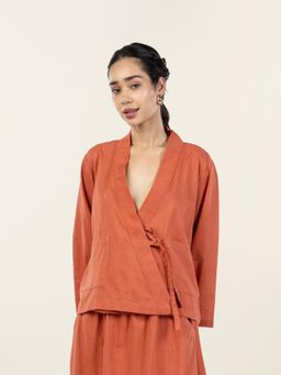 phuhar's - Wrap Top Rust Cotton Linen Wrap Top With Easr Tie Ups