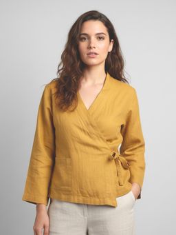 phuhar's - Wrap Top Mustard Cotton Linen Wrap Top With Easr Tie Ups