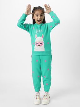 Nautinati - Girls Green Fleece Graphic Print Sweatshirt and Dot Print Joggers (Set of 2)
