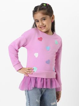 Nautinati - Girls Heart Printed Round Neck Full Sleeves Sweatshirt with Frills