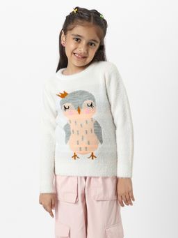 Nautinati - Girls White Owl Jaquard Full Sleeves Acrylic Sweater