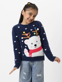 Nautinati - Girls Navy Blue Holiday Themed Jaquard Full Sleeves Acrylic Sweater