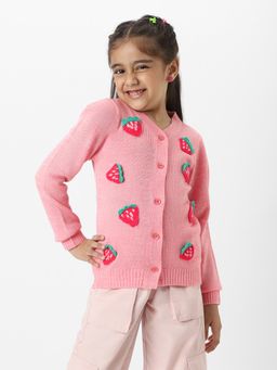 Nautinati - Girls Pink Strawberries Embroidered Full Sleeves Acrylic Cardigan