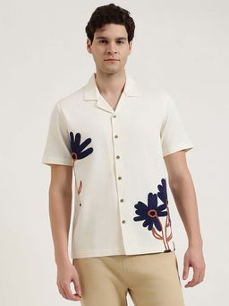 United Colors of Benetton - Men Off White Pure Cotton Embroidered Shirt