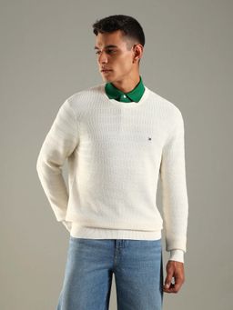 Tommy Hilfiger - Men Off White Cotton Self Design Sweater