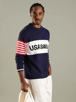 Tommy Hilfiger - Men Navy Blue Cotton Typography Sweater