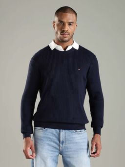Tommy Hilfiger - Men Navy Blue Cotton Solid Sweater