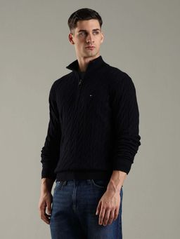 Tommy Hilfiger - Men Navy Blue Cotton Textured Sweater