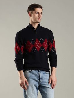 Tommy Hilfiger - Men Navy Blue Cotton Geometric Sweater