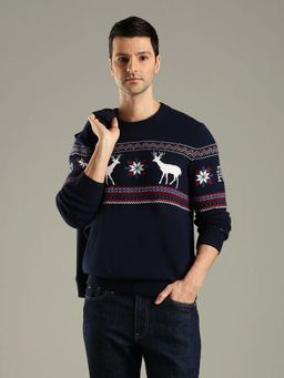 Tommy Hilfiger - Men Navy Blue Cotton Self Design Sweater