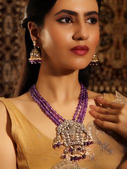 Priyaasi - Purple Beads Jhumki God Pattern Necklace With Jhumkis Floral Style Earrings Jewellery Set