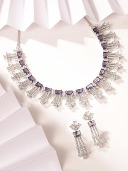 Priyaasi - Purple Stone AD Silver Plated Statement Necklace With Fancy Earrings Jewellery Set