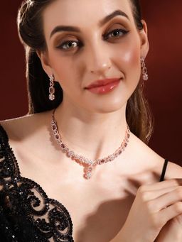 Priyaasi - Rose Gold Plated Floral Purple Stoned Necklace With AD Drop Earrings Jewellery Set