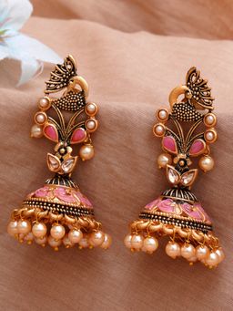 Karatcart - Gold Plated Pink Stone Studded Peacock Shape Jhumki Earrings for Women