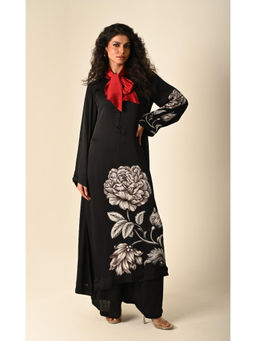 ISADAA BY ROTNA DUTT - Black Satin Georgette Digital Printed Kurta with Pant