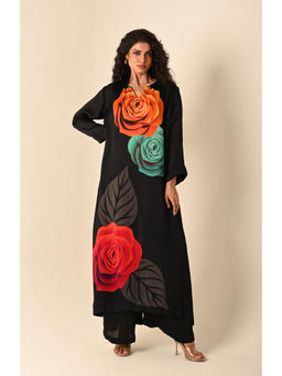 ISADAA BY ROTNA DUTT - Black Satin Georgette Digital Printed Kurta with Pant