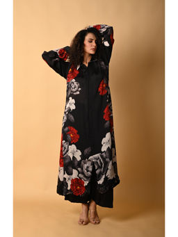 ISADAA BY ROTNA DUTT - Black Satin Georgette Digital Printed Kurta with Palazzo