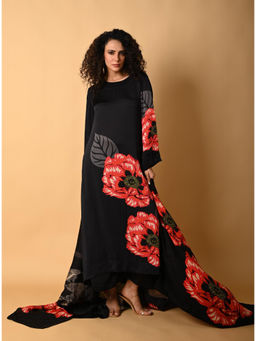 ISADAA BY ROTNA DUTT - Black Satin Georgette Kurta with Pant Digital Printed Dupatta