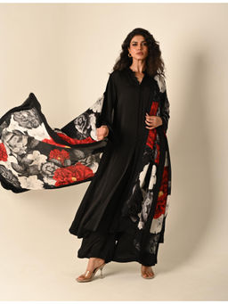 ISADAA BY ROTNA DUTT - Black Satin Georgette Kurta with Palazzo Digital Printed Dupatta