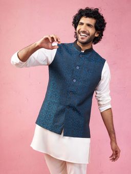 Vastramay - Turquoise Woven Nehru Jacket for Men