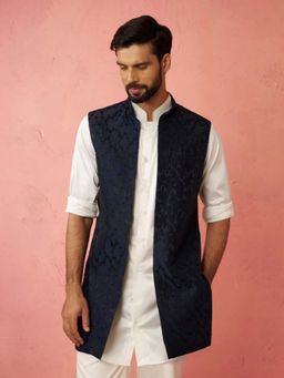 Vastramay - Men Navy Blue Embroidery Nehru Jacket