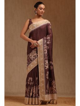 Soch - Women Brown Tussar Botanical Floral Printed Saree with Unstitched Blouse