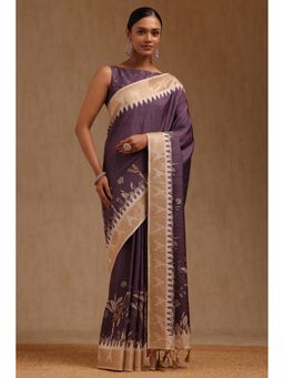 Soch - Women Dark Lavender Tussar Botanical Printed Saree with Unstitched Blouse