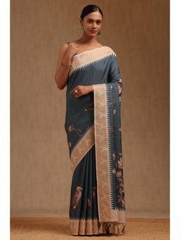 Soch - Women Teal Tussar Botanical Floral Printed Saree with Unstitched Blouse